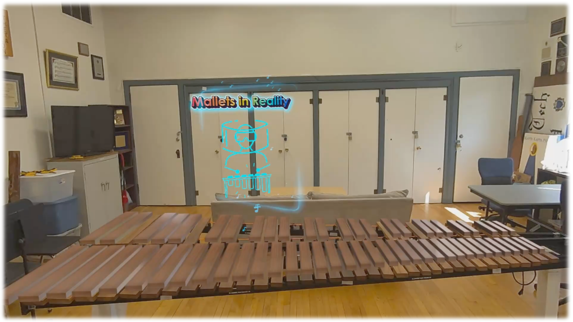 This figure showcases the one-to-one dimensional fidelity between the virtual and physical marimba instruments. The virtual instrument is positioned directly above the physical instrument.