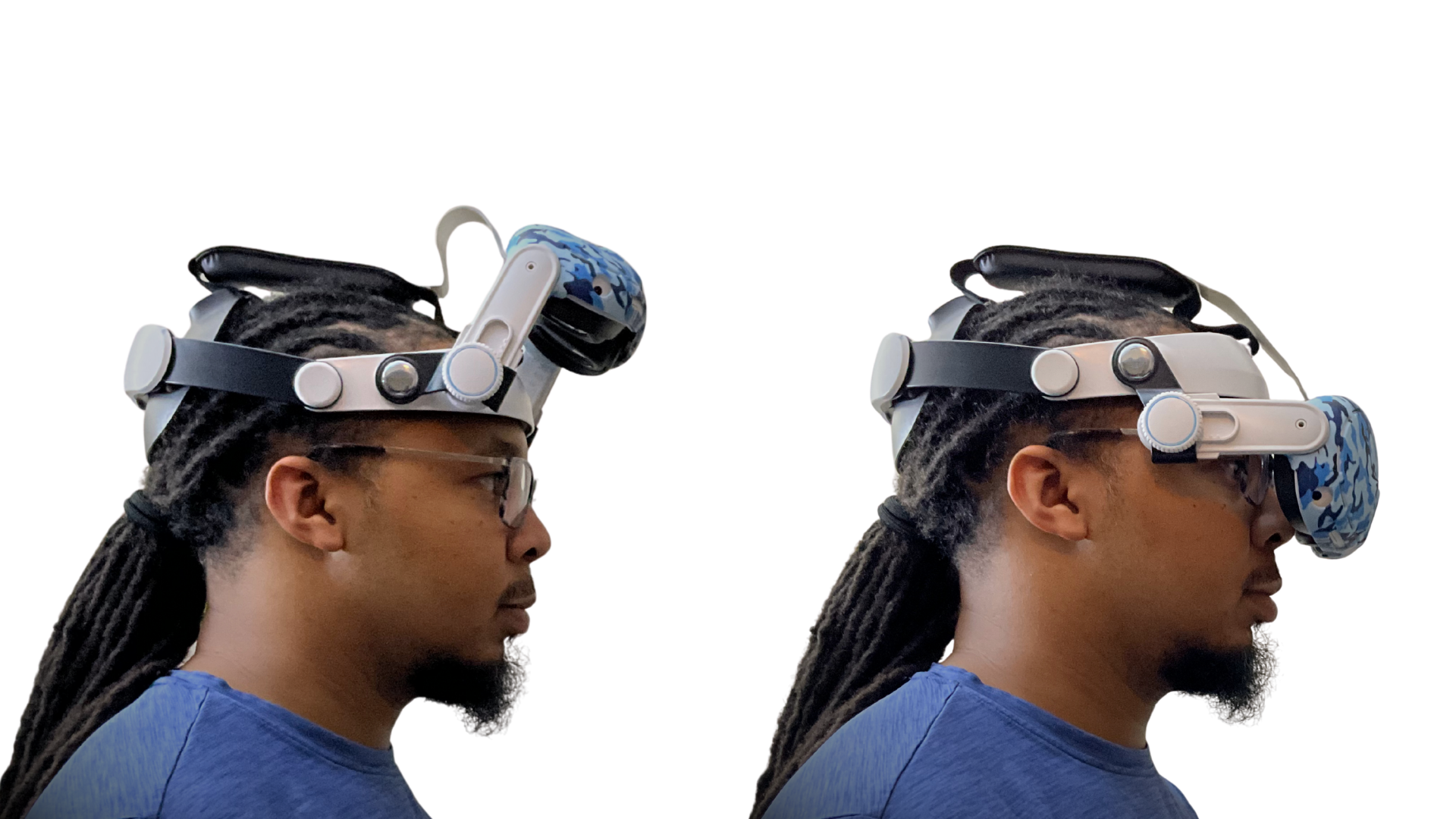 This figure showcases the KKCOBVR Q3 PRO Meta Quest 3 headstrap and its ability to allow users to comfortably wear corrective lenses.